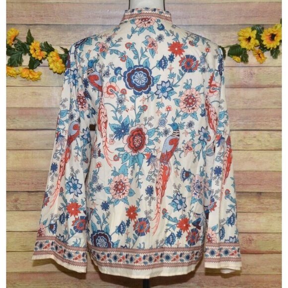 NWT Women M Tunic Blouse Shirt Colorful Peacock Print Loose Button Up Collarless - Picture 11 of 15